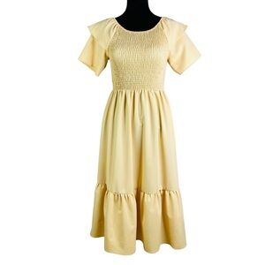 JessaKae collection pale yellow smocked puff sleeve midi dress women’s small